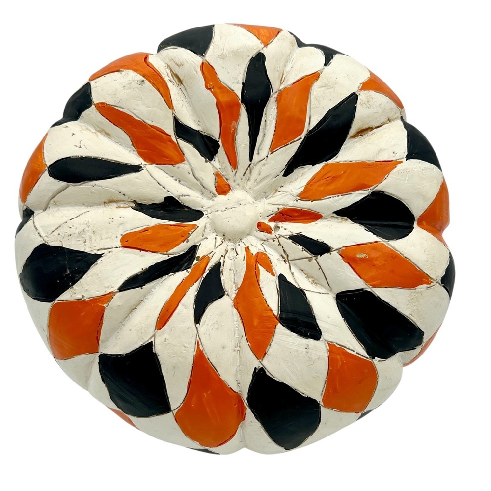 Vintage Black Orange White Hand Painted Harlequin Halloween Pumpkin Decor Fall - Picture 5 of 11
